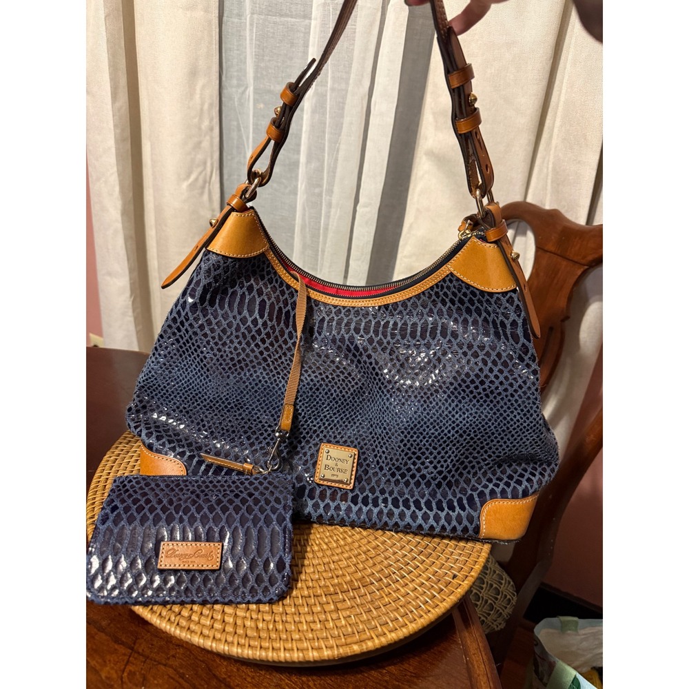 Dooney & Bourke Navy Blue Python Embossed Leather Hobo Bag with Pouch Set